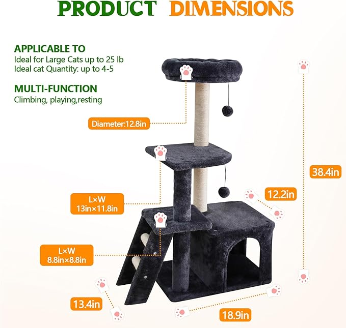 38.4'' Cat Tree Tower with Climbing Ladder, Cats Tree Scratching Post and Ball, Plush Condo, Modern Multi-Level Furniture Climber for Indoor Cats Large Adult, Dark Gray