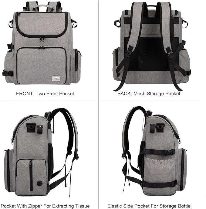 Modoker Dog Travel Bag Backpack, Airline Approved Pet Accessories Organizer for Dog and Cat with Shoulder Strap, 2 Dog Food Storage Containers, 2 Collapsible Dog Bowls,1 Pet Mat, Grey