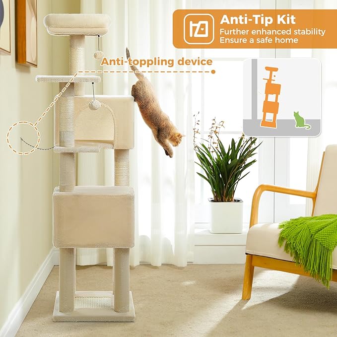 62" Cat Tree for Indoor Cats, Multi-Level Cat Tower with 2 Spacious Condos, Dual Top Perches, Scratching Pad, 4 Scratching Posts, 2 Pompoms, Beige