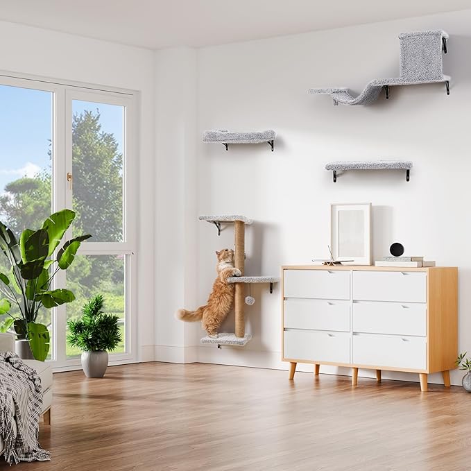 5-in-1 Cat Wall Shelves, Multi-Level Cat Climbing Furniture, Perch & Lounge for Indoor Cats, Space-Saving Wall Mounted Shelves for Play & Rest (Natural Wood) - Light Gray