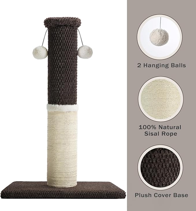 Made4Pets Tall Cat Scratching Post, Heavy Duty and Thicker Scratching Posts for Indoor Cats Adults, 23.6" Natural Sisal Cat Scratcher with Hanging Balls, Sturdy Base Cat Scratch Post, Brown