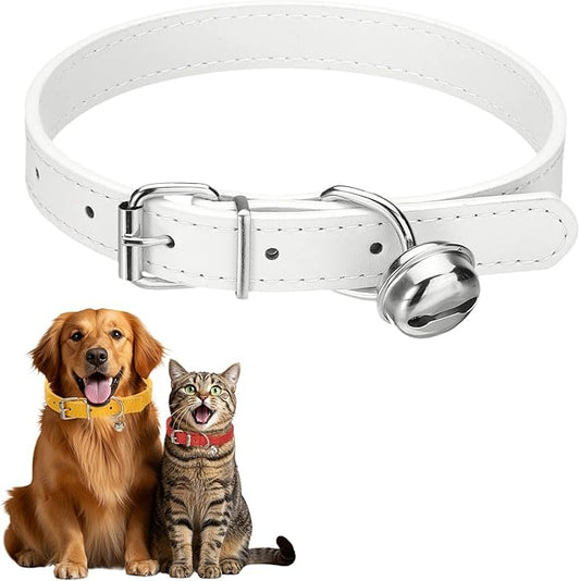 Dog Collar with Bell, Pu Leather Cat Collars Pet Basic Soft Padded Adjustable Buckle, 20" (White, 1 Pcs), Intended for Teacup/Little Dog/Kitten Cats/Small Animals