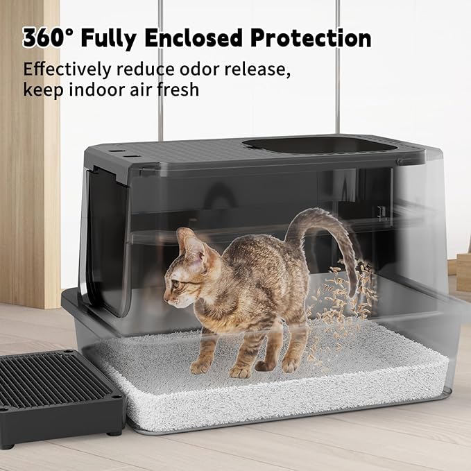 RIZZARI Enclosed Cat Litter Box: All Black Stainless Steel Odorless Cat Box - Top-Entry Design - Large Capacity Leak Proof Litter Pan for Cats - Easy Clean Pet Toilet - for Living Room Bedroom