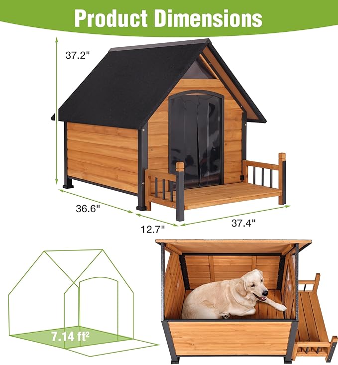 Large Outdoor Heated Dog House with Porch, All-Around Insulated Liner, Weatherproof Outside Dog House with Anti-Bite Metal Frame, Dog Kennel for Small Medium Large Dogs
