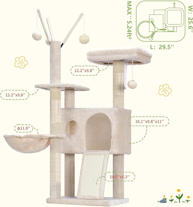 Hey-brother Cat Tree Tower, Scratching Posts with Removable Toys, Cozy Condo, Platform, Hammock, Sisal Scratch Board and Ball for Indoor Kittens, 41.3 Inches, Beige MPJ008SM