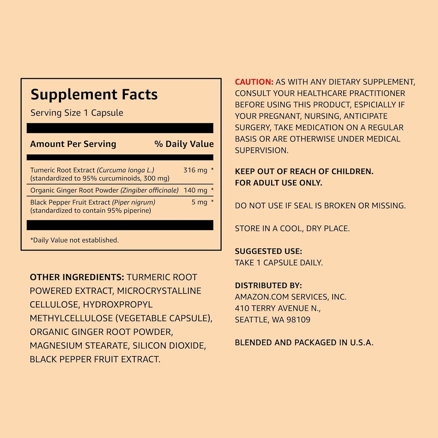 Amazon Elements Turmeric Complex, 316 mg Curcumin, 140 mg Ginger, 5 mg Black Pepper - Joint & Immune System, Healthy Inflammation Response - 65 Capsules (2 Month Supply) (Pack of 2)