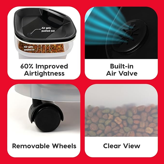 IRIS USA Pet Food Storage Container 25 lbs, Premium 60% Improved Airtight Seal with Air Valve, 2 Cup Scoop, Removable Wheels, Easy to Open - Made in the USA, Black