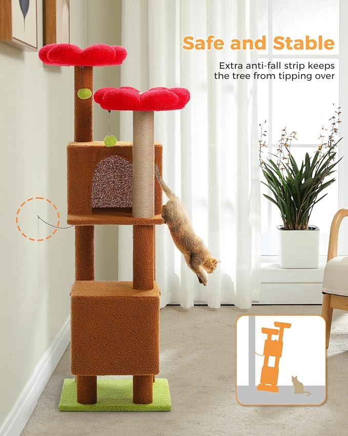 52.4" Cat Tree for Indoor Cats, Multi-Level Cat Tower with 2 Flower Perches, 2 Cozy Condos & Sisal Scratching Posts, Stylish Kitty Climbing Furniture Playhouse for Adult Cats, Brown/Red