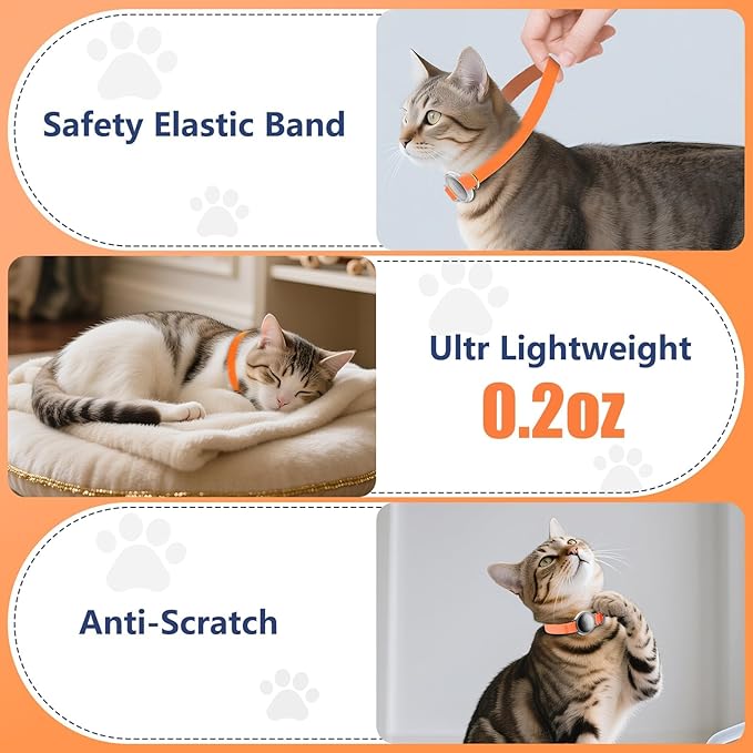 AirTag Cat Collar, Ultra Elastic Cat Tracker Collar, Airtag Holder Compatible with Apple Air Tag, [Lightweight & Scratch Resistant] Adjustable Stepless GPS Pet Collar for Cats Kittens, Orange