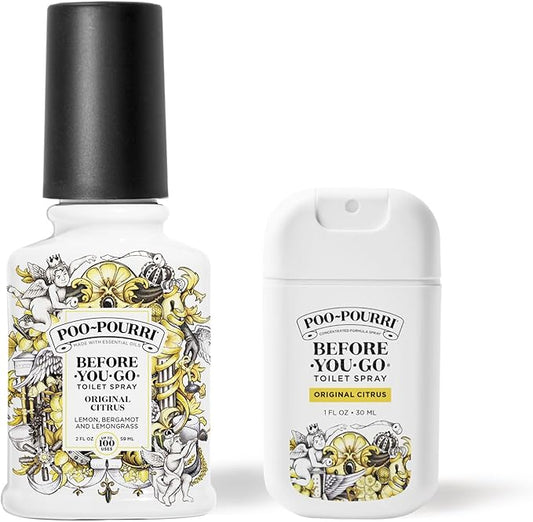 Poo-Pourri Before-you-Go Toilet Spray Bundle, Original Citrus 2 Fl Oz and Original Citrus 1 Fl Oz Pocket Travel Size - Lemon, Bergamot and Lemongrass
