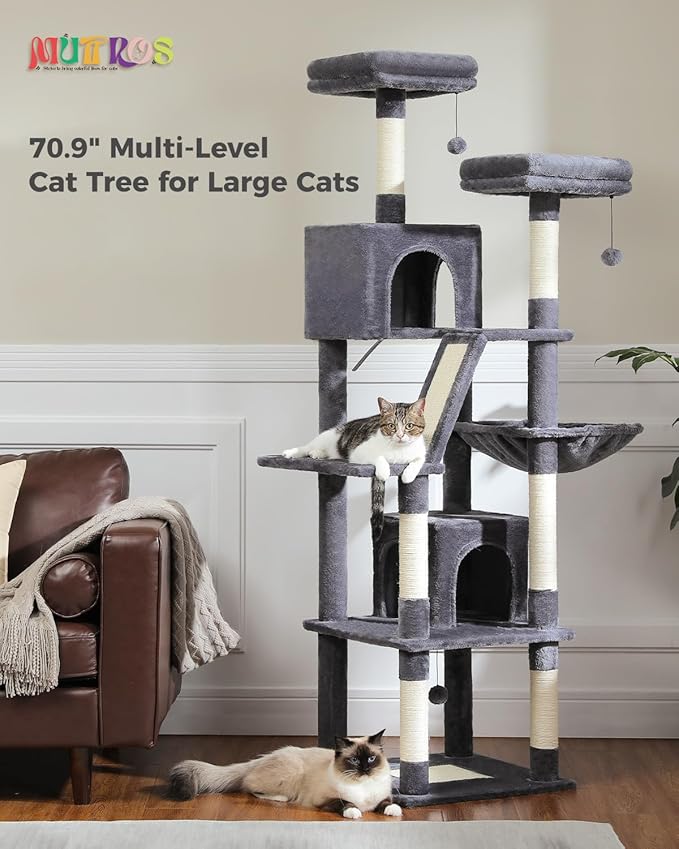 Cat Tree, 70.9-inch Large Cat Tower with 2 Condos, 2 Top Perches, Hammock & 6 Scratching Posts for Indoor Cats, Dark Gray