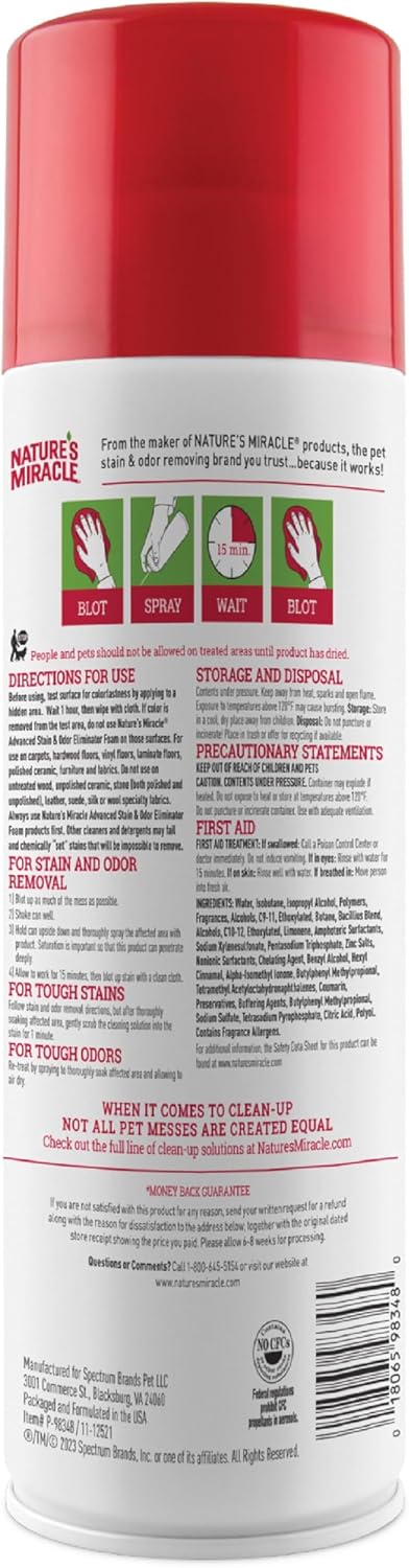 Nature's Miracle Advanced Dog Stain and Odor Eliminator Foam, Severe Mess Enzymatic Formula, 17.5 oz, 6 pack