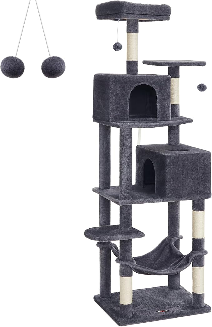 Feandrea Cat Tree, 75.2-Inch Cat Tower for Indoor Cats, Plush Multi-Level Cat Condo with 5 Scratching Posts, 2 Perches, 2 Caves, Hammock, 2 Pompoms, Smoky Gray UPCT191G01