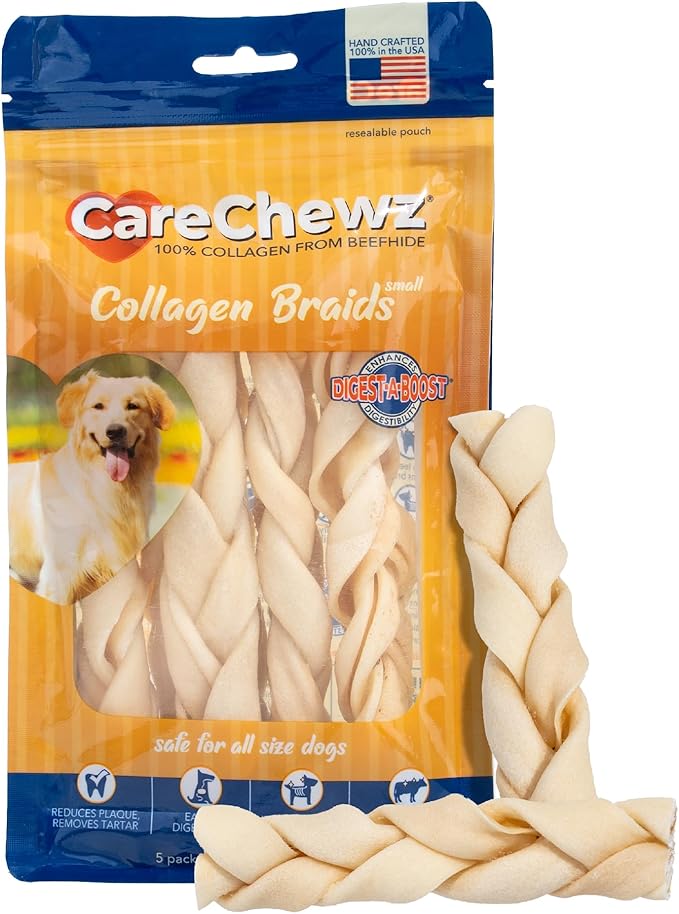 Pet Factory - CareChewz Beef Collagen Dog Treats (Pack of 5, 6-7 inch Skinny Braid Sticks), USA Made Beefhide Dog Chews, Support Joints, Dental Health, Reduce Inflammation & Promote Healthy Coats