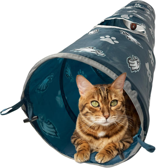 NFL Philadelphia Eagles Cat Tunnel Tube Toy with Plush Football Catnip and Feathers Collapsible Tunnel for Cats to Play, Peek and Hide, Sporty & Fun Cat Tunnel Toy with Team Logo All-Over Design!