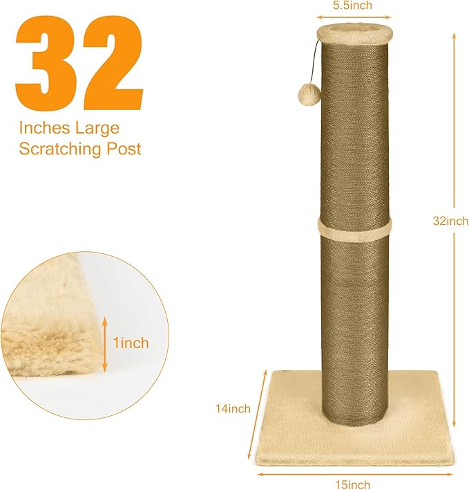 PAWSCRAT Cat Scratching Post 32 Inch High, 5.5 Inch Large Diameter Natural Sisal Cat Scratch Post, Scratch-Resistant and Durable Tall Cat Scratcher for Indoor Cats, Protect Your Furniture, Yellow