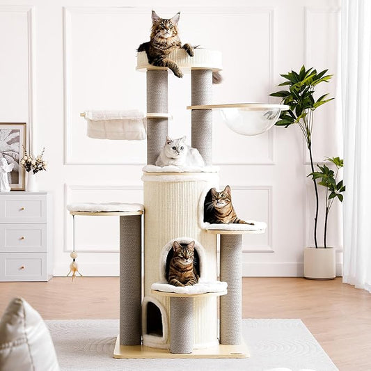 Modern Cat Tree,63'' Multi-Level Cat Tower with 3 Level Sisal Condo,Hammock,Washable Cushions,Tall Heavy Duty Cat Condo with Post,Luxury Wood Cat Tree Tower for Indoor Large Adult Maine Coon
