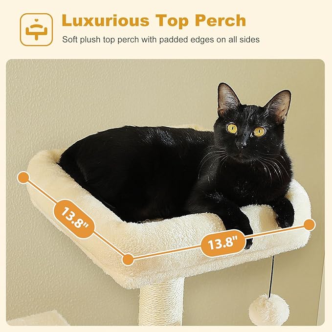 62" Cat Tree for Indoor Cats, Multi-Level Cat Tower with 2 Spacious Condos, Dual Top Perches, Scratching Pad, 4 Scratching Posts, 2 Pompoms, Beige
