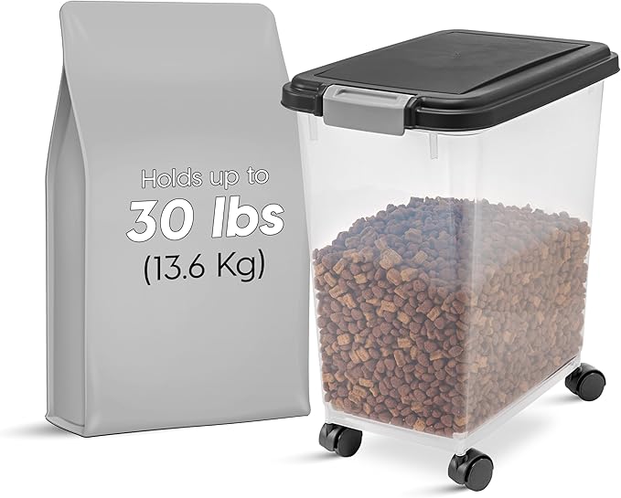 IRIS USA Airtight Dog Food Storage Container with 2-Cup Scoop and Slow Feeder Bowl Combo, Up to 30 lbs Pet Food Bin with Attachable Wheels, Anti-Slip Short Snouted Bowl, Easy to Clean, BPA Free, Black
