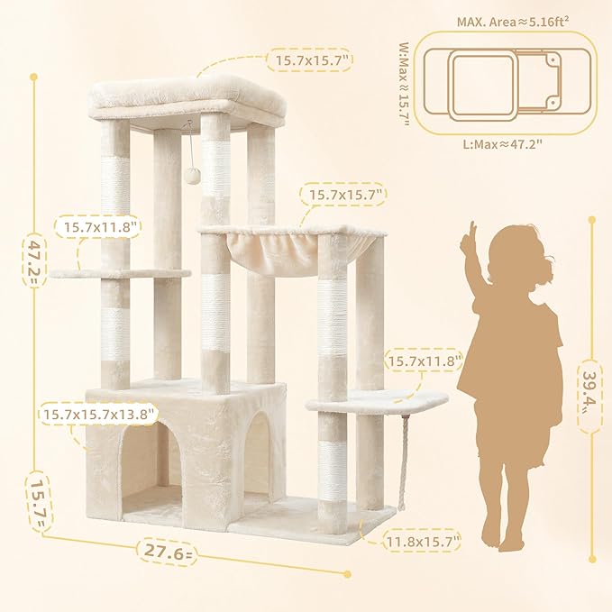 Heybly Heavy Duty Cat Tree, Tower for Indoor Cats Large Adult, Tall Cat Condo House with Extra-Large Baseboard, Multi-Level Plush Furniture with Scratching Posts, Hammock,Toy Balls, Beige HCT026M