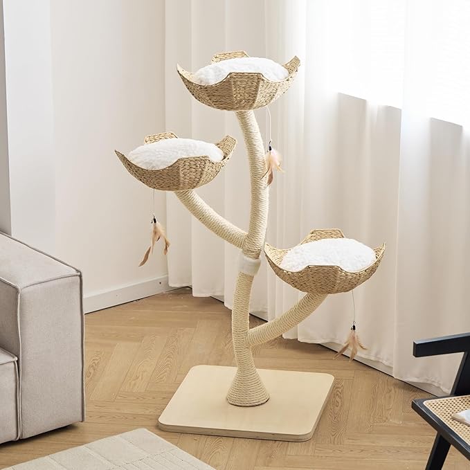 52” Tall Modern Cat Tree Tower for Large Cats| Cat Scratching Posts with Hand Woven Baskets and Mats| Luxury Cat Condo for Multiple Cats | Cat Furniture for Gifts （52” Natural）
