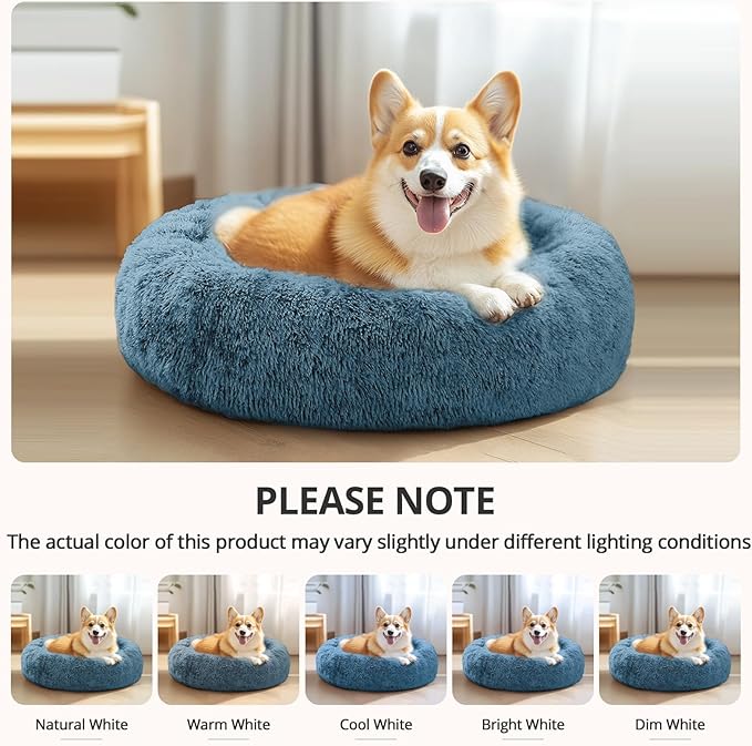 JOLLYVOGUE Small Dog & Cat Beds for Indoor Cats, Donut Cuddler Warming Soft Dog Beds with Anti-Slip Bottom, Round Calming Fluffy Plush Faux Fur Cushion Bed for Large Dogs (36", Blue)