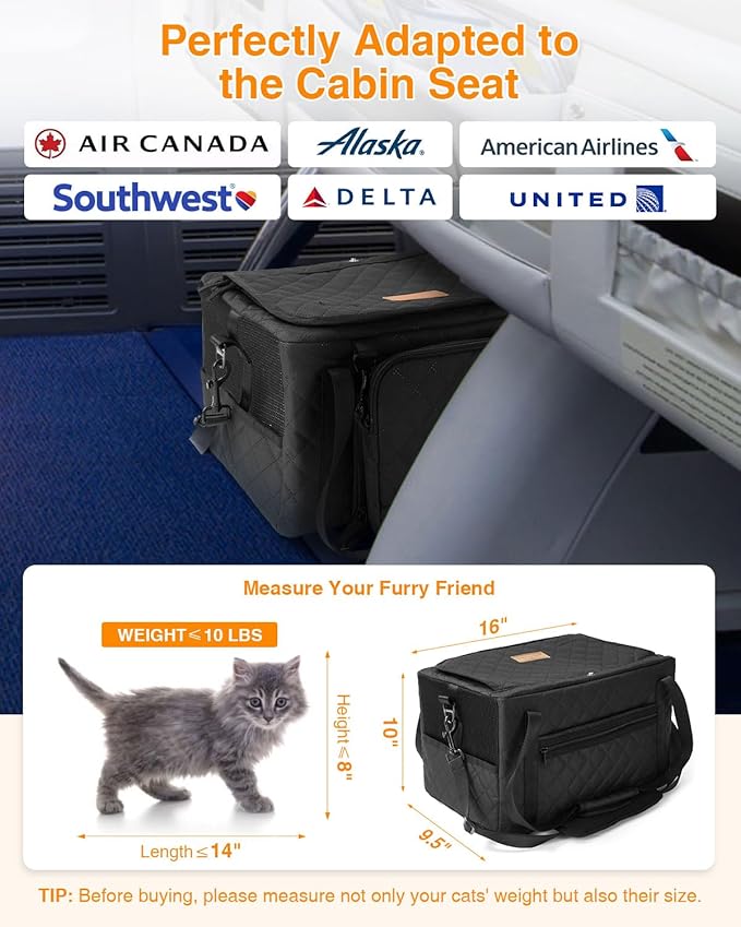 PETUX Small Cat Carrier - Pet Carrier Airline Approved for Kitten Under 10 lb - Escape-Proof, Foldable & Portable Cat Carriers for Travel, Vet Visits with Removable Bag, Safety Buckle ＆ Leash - Black