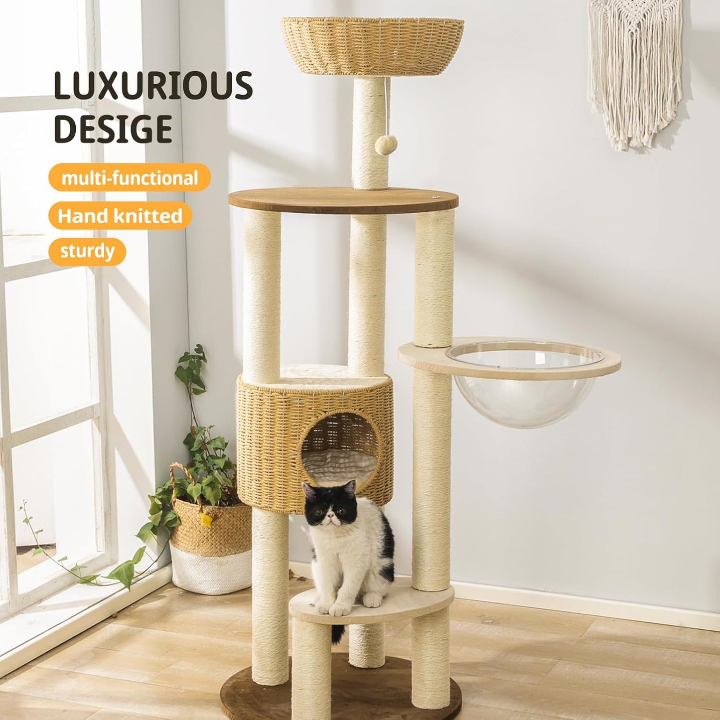 2025 Modern Cat Tree Tower for Large Cats, Advanced Space Module Cat's Nest, Hand Woven Multilevel Huge Paws Pals Tree, 7cm Natural Sisal Prop Wood, Scratching Cat Lover Gifts
