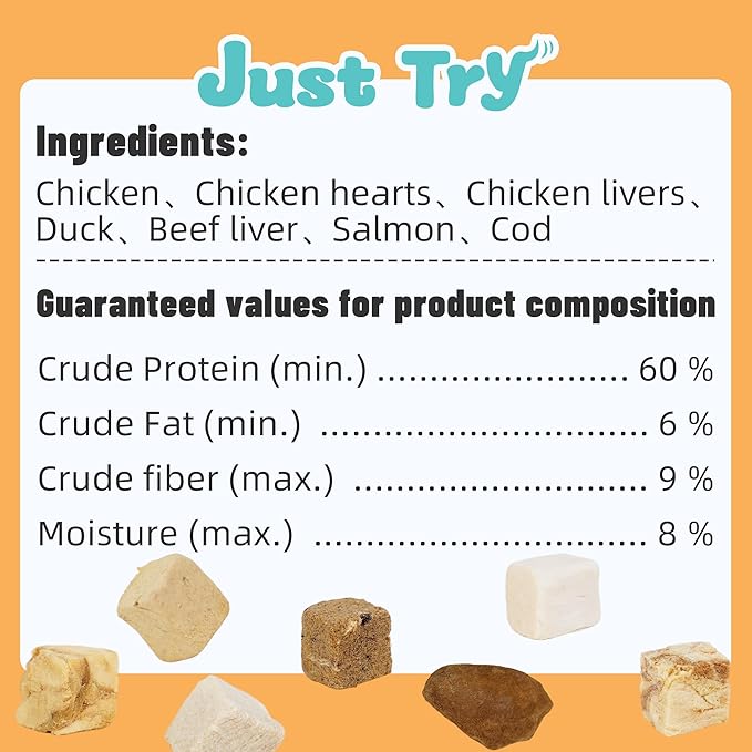 Just Try Freeze-Dried Dog Teats Mix for Dogs & Cats - Chicken, Duck, Salmon, Cod, Liver & Heart - Grain-Free, Training & Treats