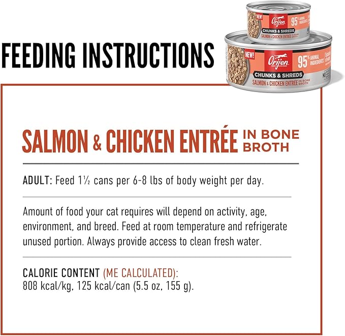 ORIJEN Chunks & Shreds Wet Cat Food Salmon & Chicken Entrée 5.5oz Cans (6 Count)