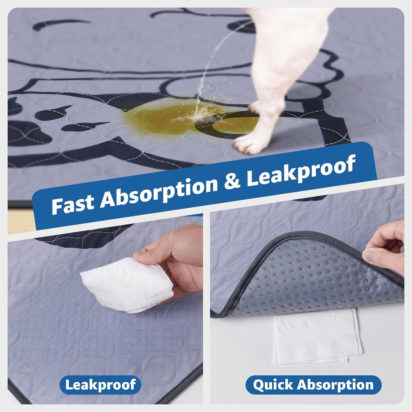 Washable Pee Pads for Dogs: 48x60 2 Pack Reusable Dog Pads Whelping Mats with Absorbent Layer - Waterproof Non-Slip Washable Puppy Pads for Potty Training, Beds, Couches, and Carpets, Gray