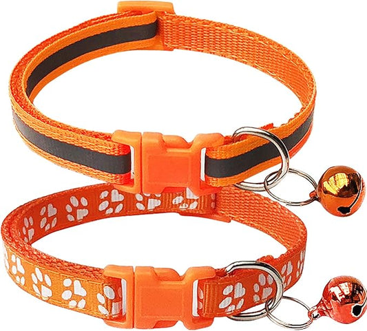 CHBORCHICEN 2-Pack Footprint & Reflective Cat Collar with Bell Basic Dog Cat Collar Buckle Adjustable Polyester Cat Dog Collar or Seatbelts (Small, Orange)