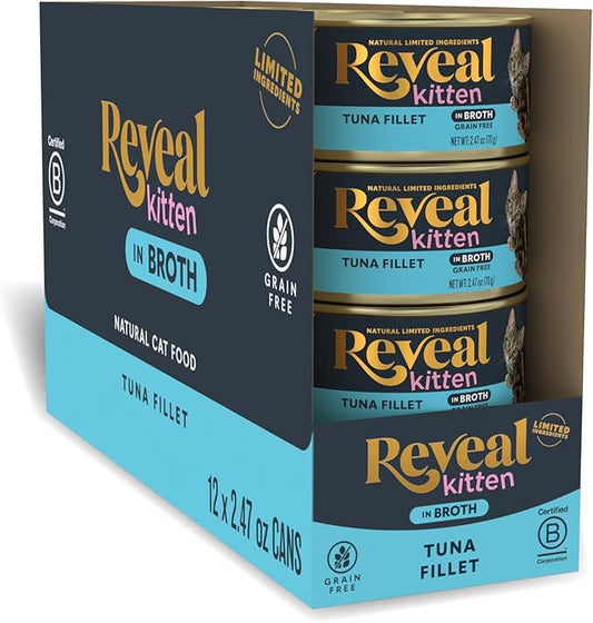 Reveal Natural Wet Kitten Food, Limited and Natural Ingredients, Grain Free, High Protein with No Artificial Additives, Tuna Fillet in Broth (12 x 2.47 oz Cans)