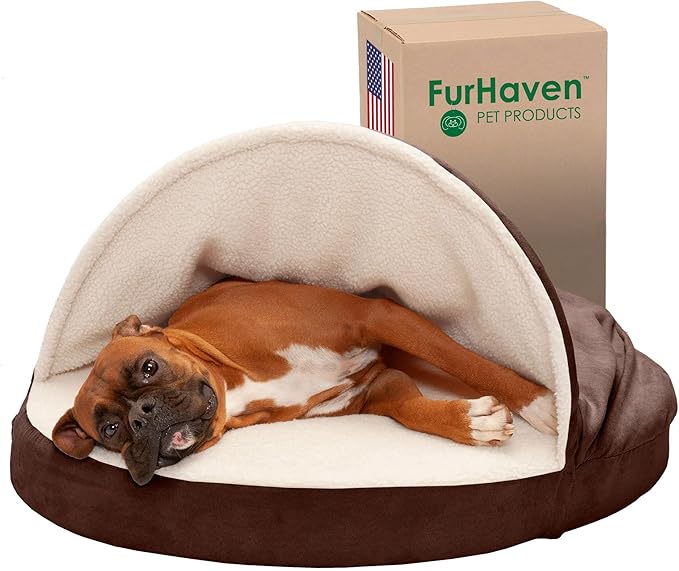 Furhaven 35" Round Memory Foam Dog Bed for Large/Medium Dogs w/ Removable Washable Cover, For Dogs Up to 50 lbs - Sherpa & Suede Snuggery - Espresso, 35-inch