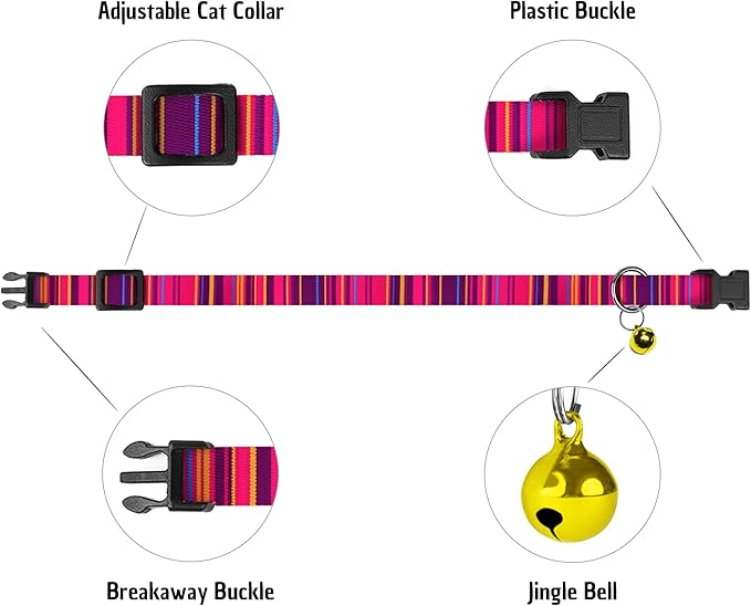 Cat Collars 2 Pack - Soft Cute Breakaway Collar with Bell, Adjustable Safety Kitten Collars for Girl & Boy Cats – Comfortable Stylish Patterned Print Lightweight (Ethnic + Striped)