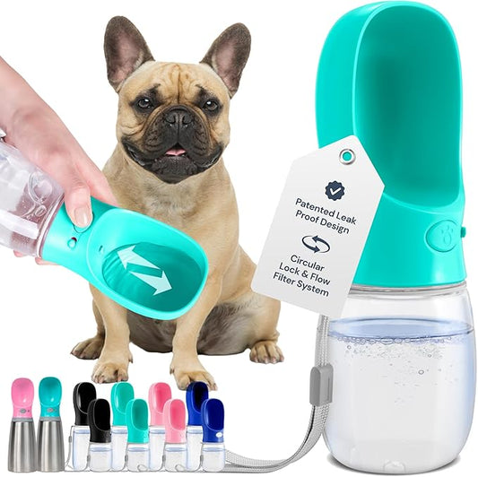 MalsiPree Leak Proof Portable Dog Water Bottle & Dog Travel Water Bottle Dispenser with Bowl - 12 oz, Blue - Food Grade Plastic- Puppy Essentials - Pet Travel Portable Doggy Bowl