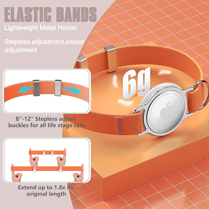 AirTag Cat Collar, Ultra Elastic Cat Tracker Collar, Airtag Holder Compatible with Apple Air Tag, [Lightweight & Scratch Resistant] Adjustable Stepless GPS Pet Collar for Cats Kittens, Orange