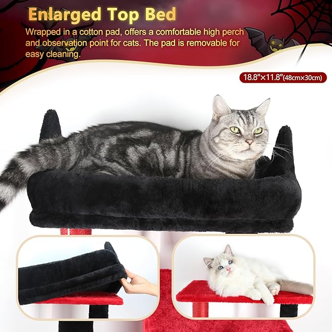 Globlazer Gothic Cat Tree Tower with Scratching Post for Indoor Cats, 53inch Tall Plush Multi-Level Cat Climbing Tower Condo with Large Hammock, Spacious Cat Cave, Padded Top Perch, F53, Red Black
