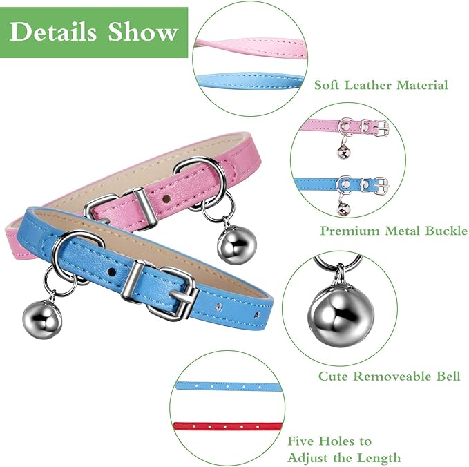 Weewooday 6 Pieces Leather Cat Collar with Bell Cute Pet Leather Kitten Collar for Boy Girl Cats with Safety Elastic Strap for Small Kitten Puppy(Bright Color)