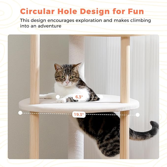 49” Wood Cat Tree Tower for Indoor Cats, 5-Level Modern Cat Tower with Curved Top Perch, Fully Cotton Scratching Posts & Natural Wood Posts, Cat Furniture with Interactive Dangling Ball, Beige