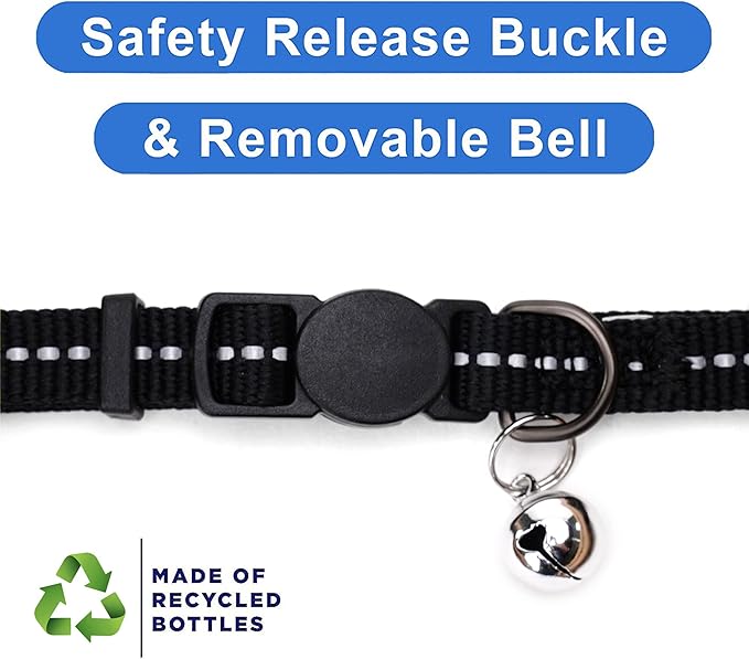 Pawtitas Recycled Black Reflective Cat Collar – Eco-Friendly Breakaway Safety Buckle, Adjustable Kitten & Adult Collar with Removable Bell and High-Visibility Strap