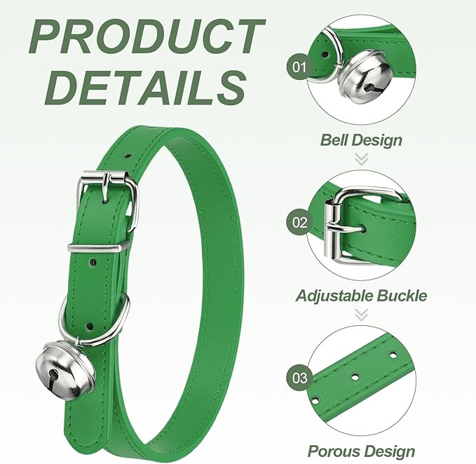 Dog Collar with Bell, Pu Leather Cat Collars Pet Basic Soft Padded Adjustable Buckle, 20" (Green, 1 Pcs), Intended for Teacup/Little Dog/Kitten Cats/Small Animals