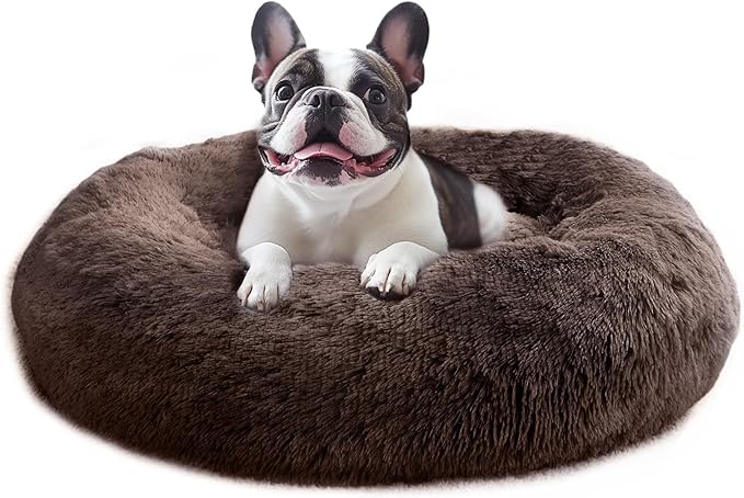 JOLLYVOGUE Small Dog & Cat Beds for Indoor Cats, Donut Cuddler Warming Soft Dog Beds with Anti-Slip Bottom, Round Calming Fluffy Plush Faux Fur Cushion Bed for Small Dogs (20")