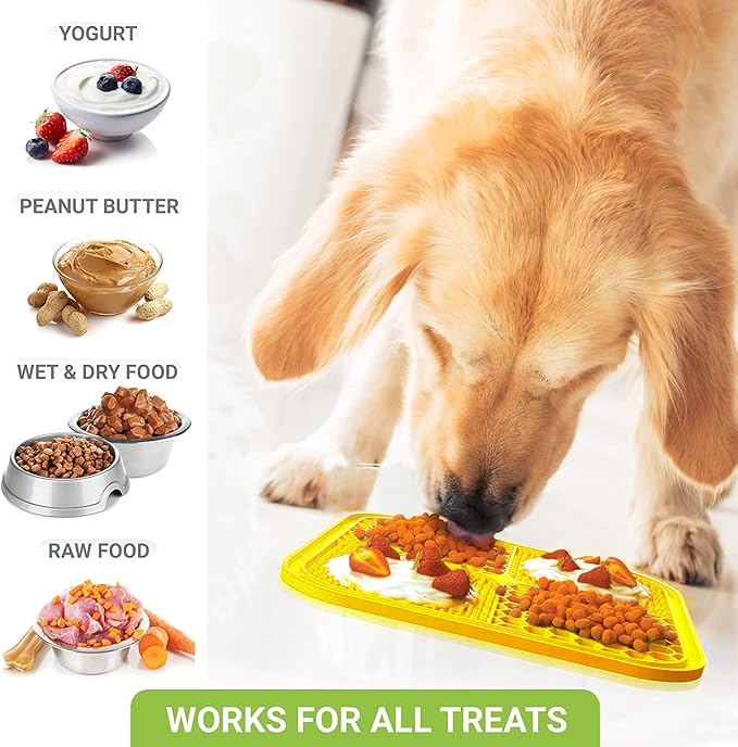 Lick Mat for Dogs, Large Dog Lick Mat with Suction Cups for Anxiety, Peanut Butter Dog Licking Mat Slow Feeder Dispensing Treater Lick Pad for Dogs Cats Grooming Bathing and Training(Yellow)