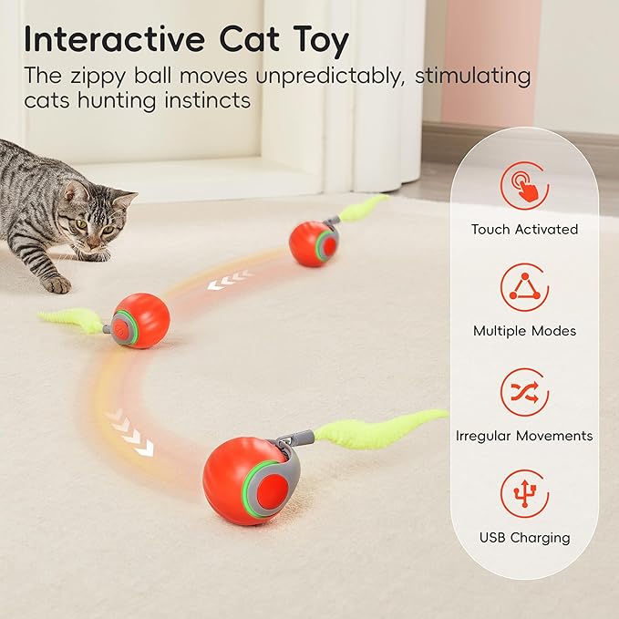 Potaroma Moving Ball Cat Toys with Feather Tail, Rechargeable 2025 New Interactive Toy for Indoor Cats Exercise, Smart Interactive Kitten Rolling Ball, Orange