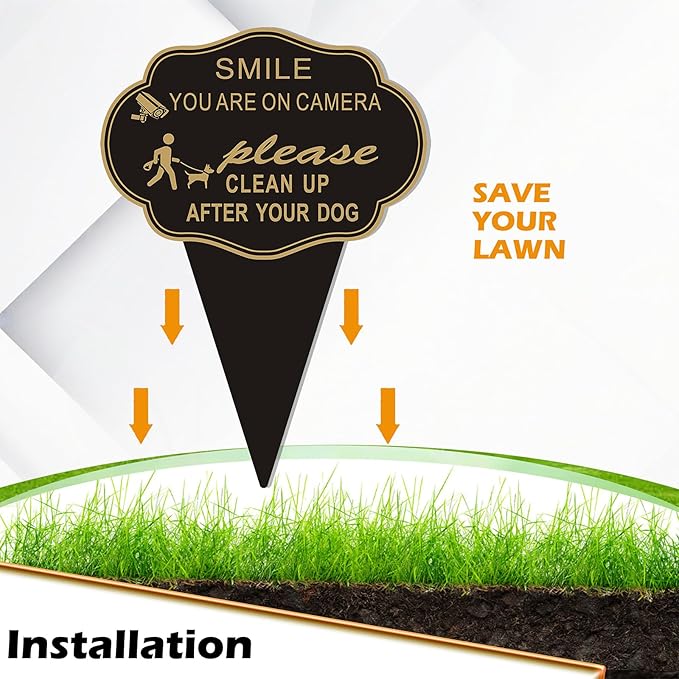 2 Pack Clean Up After Your Dog Sign, Smile You are on Camera Sign Double Sided 14”X10” No Pooping Dog Signs For Lawn or Yard With Integrated Stake Rust Resistant Aluminum for Outdoor Use