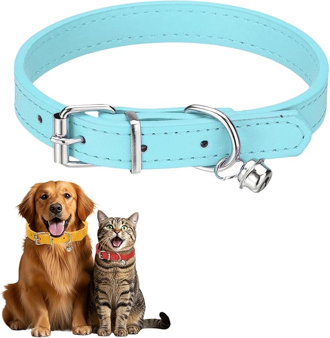 Dog Collar with Bell, Pu Leather Cat Collars Pet Basic Soft Padded Adjustable Buckle, 14.5" (Sky Blue, 1 Pcs), Intended for Teacup/Little Dog/Kitten Cats/Small Animals