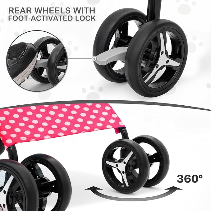 MoNiBloom 4 Wheels Pet Stroller, Easy-Fold Umbrella Shaped Dog Cat Jogger Stroller w/Storage Bag & Visible Mesh for Small/Medium Dogs Cats Hot Pink Polka Dots