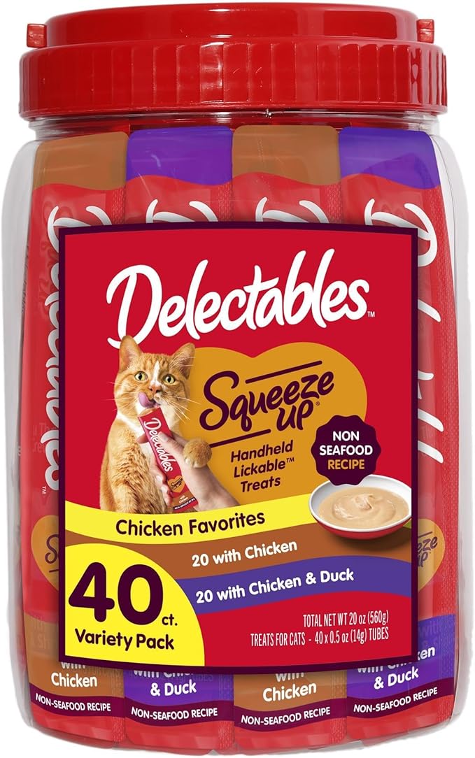 Hartz New! Delectables Squeeze Up Non-Seafood Chicken Variety Pack, Creamy Squeezable Puree, Lickable Wet Cat Treats, Grain-Free, No Added Fillers, 0.5 Ounces Tube, 40 Tubes Total