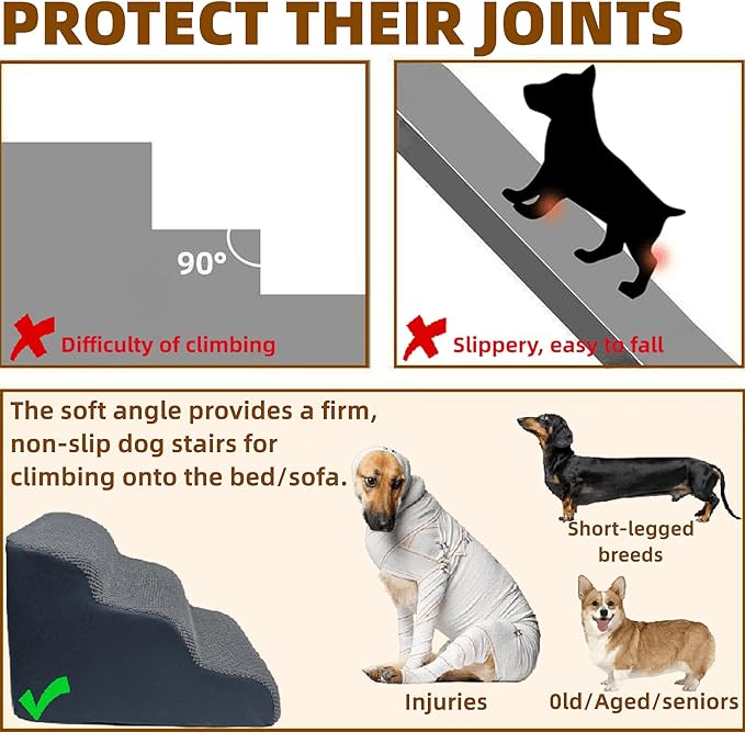 3-Step Dog Stairs for High Beds & Couches Multi-Step Non-Slip Pet Steps with Balanced Ramp Indoor 2 3 4 5 Step Stairs for Small to Large Dogs and Cats Non-Slip Stickers 30D Grey